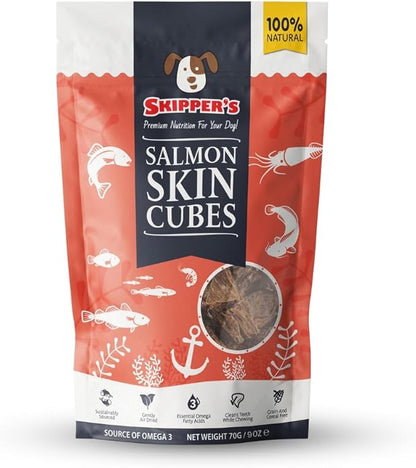 SKIPPER'S Salmon Skin Cubes - 100% Salmon Skin Grain Free & Hypoallergenic Cubes for Dogs, All Natural & Healthy Dog Treats, Omega 3 & 6 Oil, Great for Skin, Coat & Joints | (9 Oz)