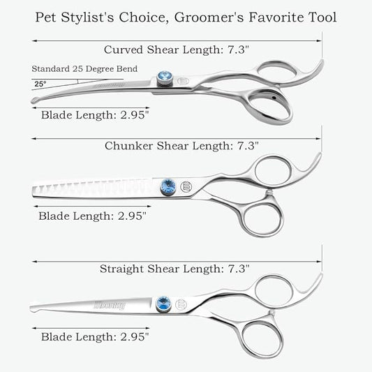 Moontay Professional Dog Grooming Straight, Curved, Thinning/Blending/Chunking Scissors Kit, JP-440C Stainless Steel Pet Cat Hair Cutting/Trimming Shears, Silver