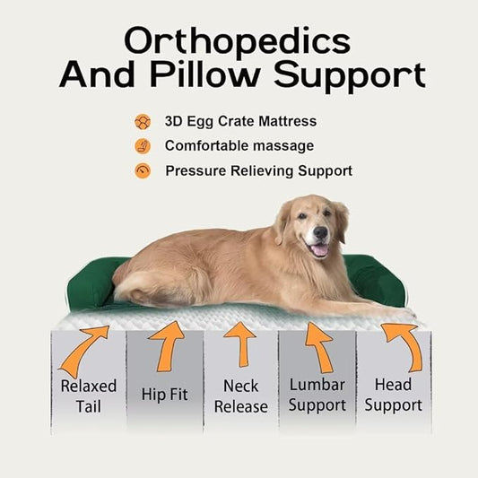 Large Dog Bed Orthopedic Washable Extra XXXLarge Big Dog Bed with Washable Bolster & Memory Foam Couch Sofa - Waterproof with Removable Cover - Emerald Dog Bed