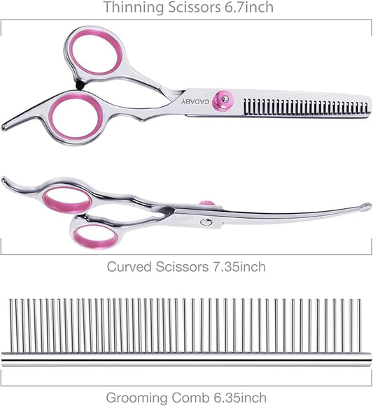Dog Grooming Scissors Kit with Safety Round Tips, 3 in 1 Professional Dog Grooming Scissors, 4CR Stainless Steel Pet Grooming Shears for Dog, Cat,Sharp and Durable, Pink