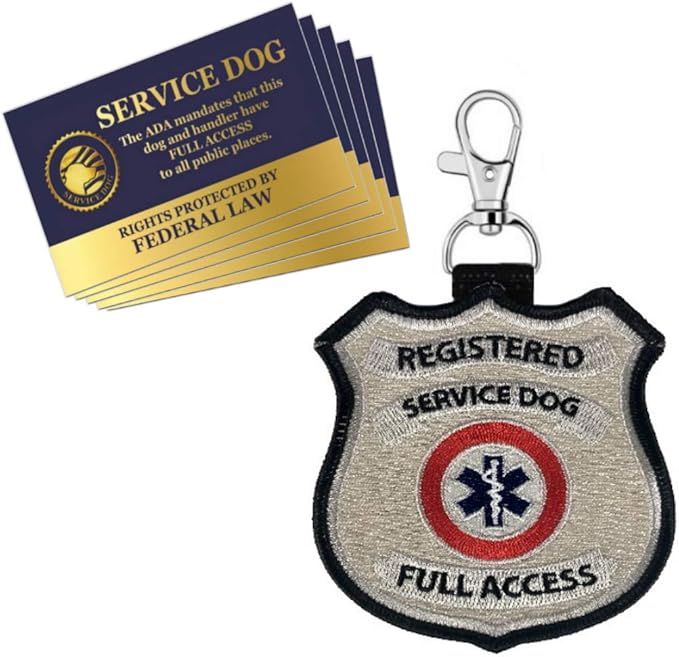 “Registered Service Dog” Identification Patch Tag | Clips on Service Dog Vest, Harness, Collar, Leash or Carrier | Includes Five Service Dog Handout Cards