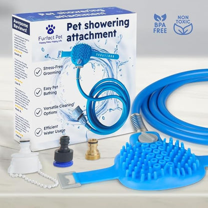 FurfectPet Pet Shower Hose Attachment-Soothing Massage Soft Silicone Bristles for Long Short Haired Dogs & Cats Washing - Pet Grooming - With Hose and Shower Attachment