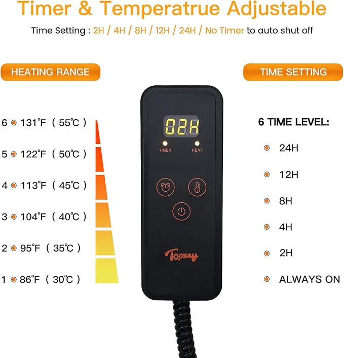 Toozey Pet Heating Pad, 6 Adjustable Temperature Dog Cat Heating Pad with Timer, Waterproof Heated Cat Bed with Chew Resistant Cord, Electric Heating Pads for Cats, Indoor Pet Heated Mat 18x16in