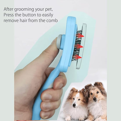 IOO Grooming Brush For Cat And Dog, Self Cleaning Slicker Brushes For Pet， Pet Grooming Brush Can Gently Removes Loose Undercoat, Mats Tangled Hair Slicker Brush for Pet Massage Cleaning (blue)