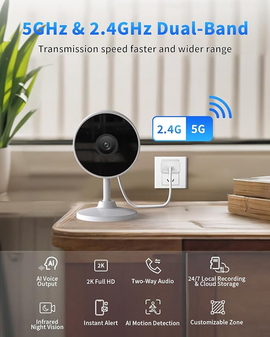 [5G & 2.4G] 2K Indoor Security Cameras for Home Security, AI Voice Change for 2-Way Talk, Motion Detection, Night Vision, 24/7 SD Recording/Cloud Storage, Baby Monitor/Dog/Pet Camera with Phone App, 4