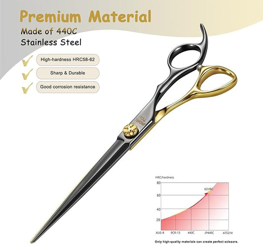 7'' Professional Straight Dog Grooming Scissors with Decorative Screw Sharp and Durable Black and Gold 440C Stainless Steel Dog Shears Easy Use for Groomers and Home user.