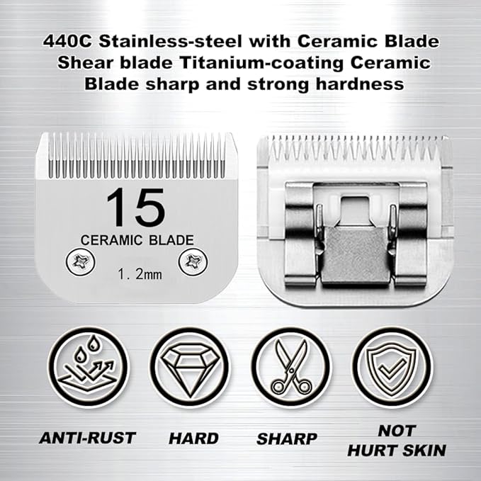 Docal 15# Pet Dog Grooming Detachable Blades, Compatible with Andis Size-15# Cut Length 3/64"(1.2mm), Most A5, KM Series Clippers,Made of Ceramic Blade & Stainless Steel Blade