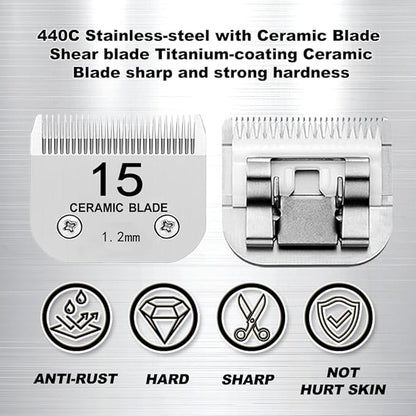 Docal 15# Pet Dog Grooming Detachable Blades, Compatible with Andis Size-15# Cut Length 3/64"(1.2mm), Most A5, KM Series Clippers,Made of Ceramic Blade & Stainless Steel Blade