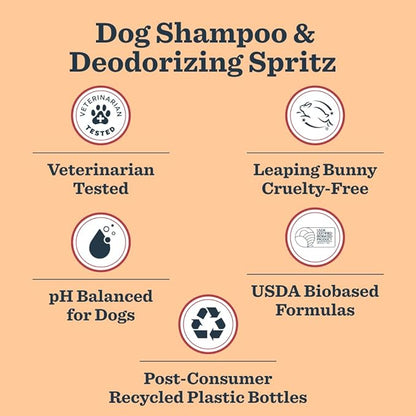 Mrs. Meyer's Clean Day Dog Care Kit, Includes 3in1 Dog Shampoo - White Peach, Dog Deodorizing Spritz - White Peach and Pet Stain & Odor Fighter - Coconut Leaf