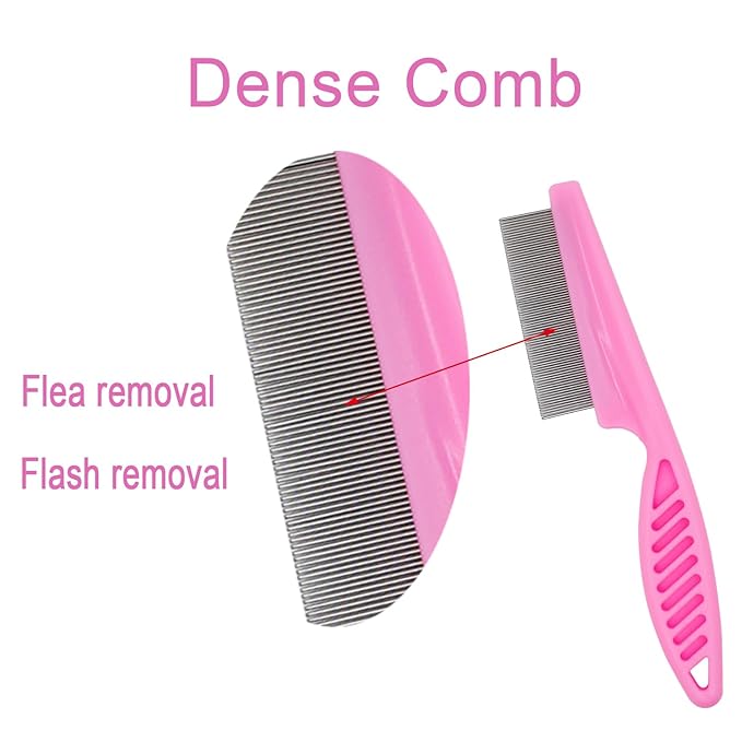 Flea Comb 4-Pieces-Pink with High Strength Teeth Pet Tear Stain Remover Combs, Dog Cat Grooming Set Effective Float Hair Remover