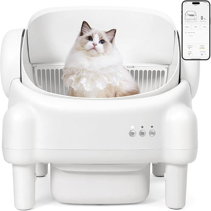 Self Cleaning Litter Box,Open Top Automatic Litter Box with App Control for Multiple Cats, Safety Sensors Protection, Odor Control Includes 2 roll Liners,Large Waste Bin, Cream White