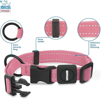 Best Pet Supplies Reflective Dog Collar with Adjustable Length, Heavy-Duty Buckle, and Strong Leash D-Ring, Training, Walking, Jogging Accessory for Small, Medium, and Large Breeds - Pink, S