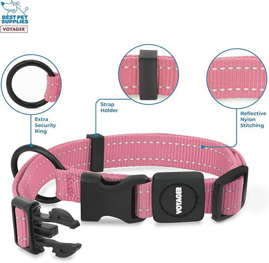 Best Pet Supplies Reflective Dog Collar with Adjustable Length, Heavy-Duty Buckle, and Strong Leash D-Ring, Training, Walking, Jogging Accessory for Small, Medium, and Large Breeds - Pink, S