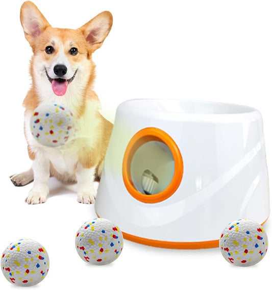 Compact Automatic Ball Launcher for Dogs with Random Mode, 3 Settings to 45FT, Rechargeable Small Dog Ball Thrower with 4 ETPU Tennis Balls for Small Medium Breeds