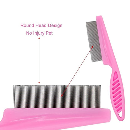 Flea Comb 4-Pieces-Pink with High Strength Teeth Pet Tear Stain Remover Combs, Dog Cat Grooming Set Effective Float Hair Remover