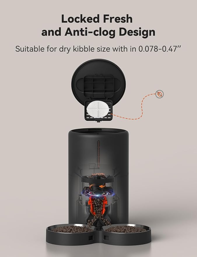 WOPET Automatic Cat Feeders 2 Cats, (𝟮𝟬𝟮5 𝗨𝗽𝗴𝗿𝗮𝗱𝗲) Timed Cat Food Dispenser with Stainless Steel Bowl, Programmable 1-6 Meals Control, Dual Power Supply Auto Pet Feeder for Cats and Dogs