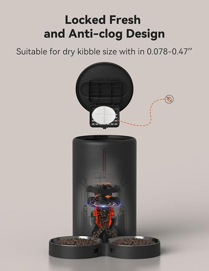 WOPET Automatic Cat Feeders 2 Cats, (𝟮𝟬𝟮5 𝗨𝗽𝗴𝗿𝗮𝗱𝗲) Timed Cat Food Dispenser with Stainless Steel Bowl, Programmable 1-6 Meals Control, Dual Power Supply Auto Pet Feeder for Cats and Dogs