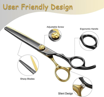 Black & Gold Professional Thinning Dog Grooming Scissors with Decorative Screw Sharp and Durable Japanese 440C Stainless Steel Pet Cat Texturizing Thinner Shears with Safe Round Tip 7.5''