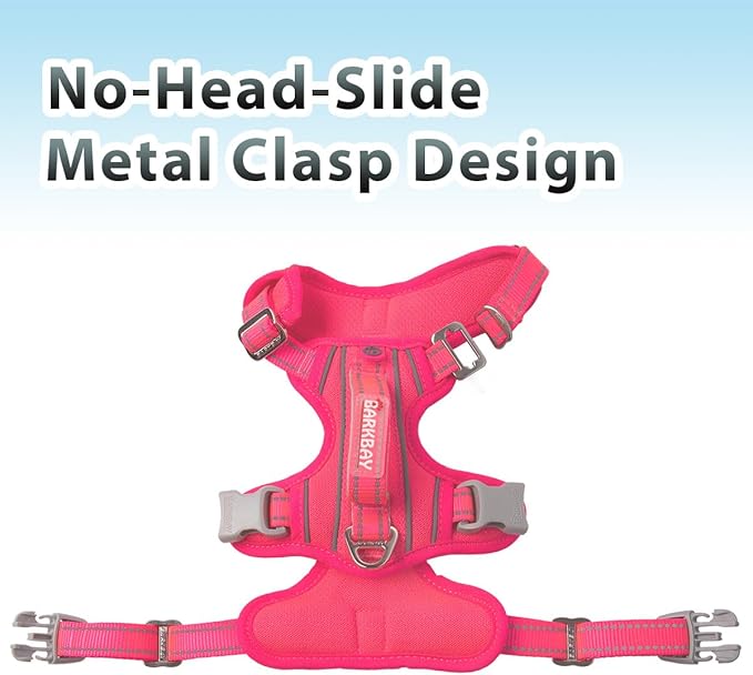 BARKBAY No Pull Dog Harness 3 Buckles Large Reflective Dog Harness with Front Clip and Easy Control Handle for Walking Training Running with ID tag Pocket(Pink,M)