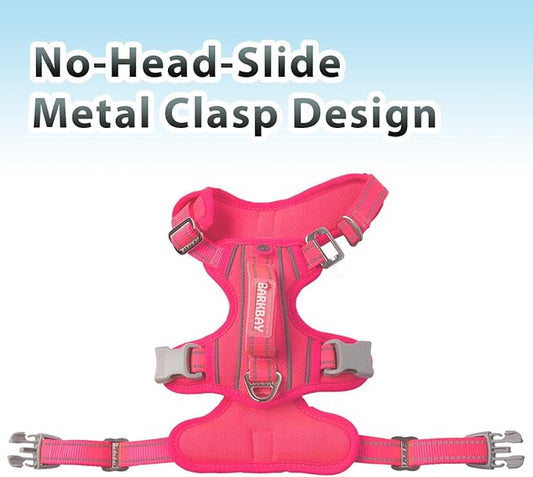 BARKBAY No Pull Dog Harness 3 Buckles Large Reflective Dog Harness with Front Clip and Easy Control Handle for Walking Training Running with ID tag Pocket(Pink,S)