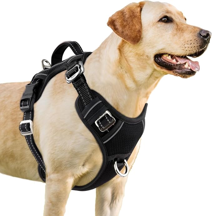 BARKBAY No Pull Dog Harness 3 Buckles Large Reflective Dog Harness with Front Clip and Easy Control Handle for Walking Training Running with ID tag Pocket(Black,L)