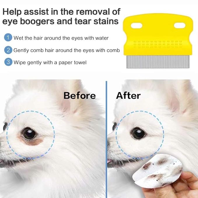 Fine Tooth Pet Comb - 3 Pack Tear Stain Remover for Dogs & Cats to Remove Fleas, Ticks, Dandruff, Tangles & Knots
