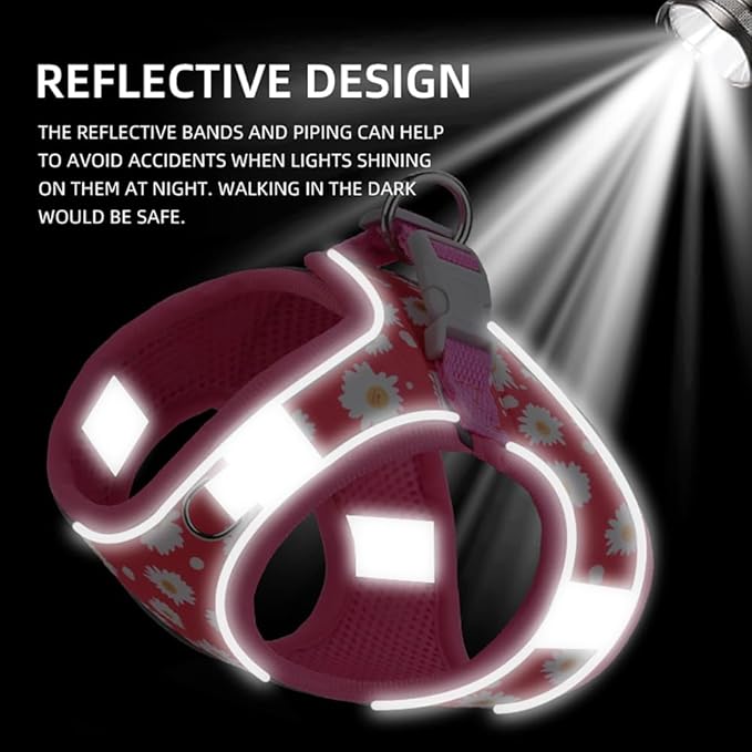 Step-in Dog Harness and Leash Set, Purple, Small/Medium, Floral Pattern, 360-Degree Reflective Design for Low Light Safety