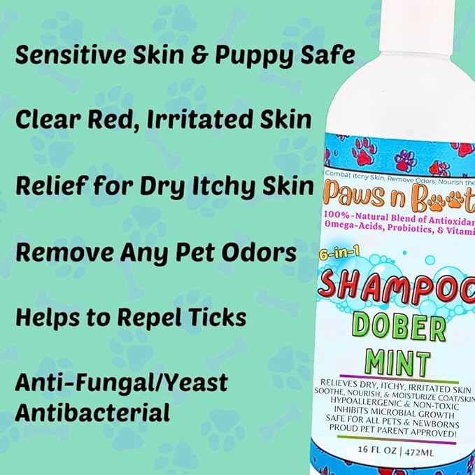 6-in-1 Dog Shampoo - Fast Relief for Allergies, Dry, Itchy, Skin. Premium & Beneficial Ingredients to Repair and Nourish The Skin/Coat. 100% Natural, Organic, Plant-Based, Dober-Mint