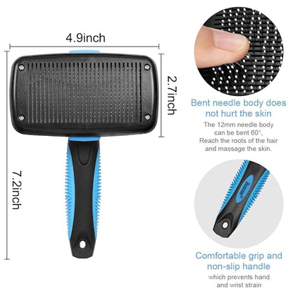Slicker Brush - Self Cleaning Hair Brush for Dogs, Cats & Bunny - Grooming & Shedding Tool for All Pets - Non Slip Rubber Handle & Soft Bristles - Unisex, Blue