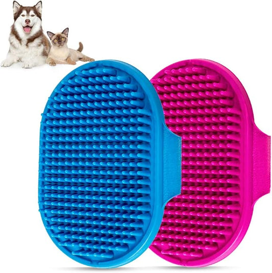 Dog Bath Brush, Aoche Pet Bath Comb Brush Soothing Massage Rubber Comb 2pcs with Adjustable Ring Handle for Long Short Haired Dogs and Cats (blue+rose)