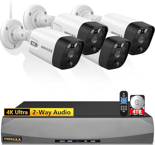 OOSSXX (4K/8.0 Megapixel & 130° Ultra Wide-Angle) 2-Way Audio PoE Outdoor Home Security Camera System Wired Outdoor Video Surveillance IP Cameras System