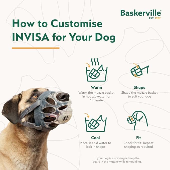 Baskerville INVISA Basket Dog Muzzle - Patented Humane Design with Facial Visibility, Padded Nose Band, Dog can Pant and Drink, Prevents Biting and Scavenging. Muzzle for Large Dogs (Size 6)