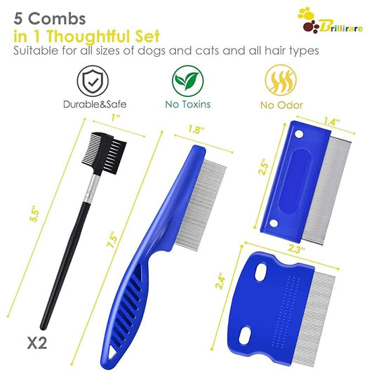5 Pack Dog Grooming Comb, Pet Flea Lice Cat Combs with Stainless Steel Rounded Teeth, 2-in-1 Double Sided Professional Dogs Tear Stain Remover, Dematting Tool for Small, Medium & Large Pets