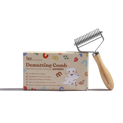 3-in-1 Professional Pet Shedding Dematting Comb - Deshedding Undercoat Rake for Dogs with Stainless Steel Blades Metal Pet Brush with Wood Handle Matted Hair Detangling Thinning and Shedding