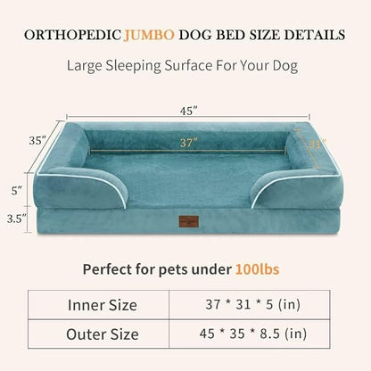 Jumbo Breed Dog Bed, Jumbo Orthopedic Dog Bed for Extra Large Dogs, Waterproof Dog Bed, PV Washable Dog Sofa Bed with Removable Cover & Non-Slip Bottom(Jumbo,Washed Blue)