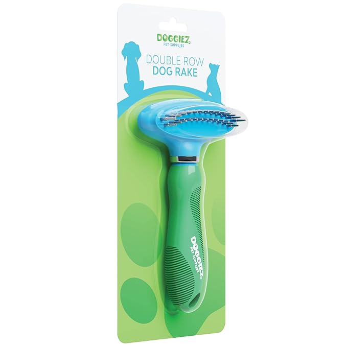 Double Row Dog Rake Deshedding Comb for Matted Hair - Top Fur & Undercoat Deshedding Brush for Dogs & Cats, Long Hair & Short - Undercoat Rake Brush for Shedding - Grooming Tool