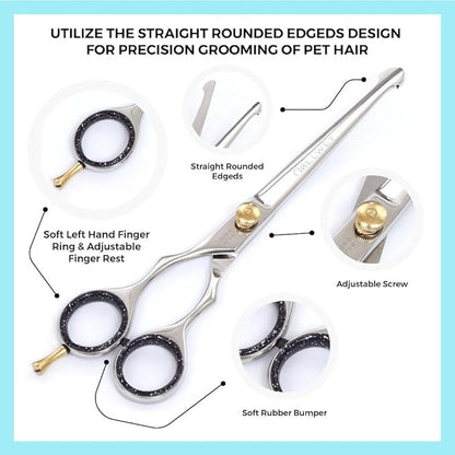 Left-Handed Pet Grooming Scissors Set Pro-Grade Curved Shears for Dogs Cats - Precision Crafted Sharp Blades Comfort Grip - Ideal for Cutting Curving Thinning (LH Round Tip Straight)