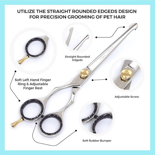 Left-Handed Pet Grooming Scissors Set Pro-Grade Curved Shears for Dogs Cats - Precision Crafted Sharp Blades Comfort Grip - Ideal for Cutting Curving Thinning (LH Round Tip Straight)