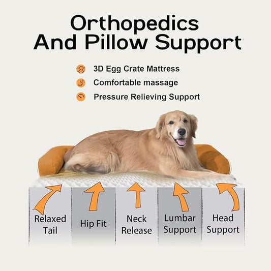 Large Dog Bed Orthopedic Washable, Orthopedic Dog Beds for Large Dogs with Washable Cover, Removable Bolster and Non-Slip Bottom Orange Large Dog Beds, XL XLarge Extra Large Dogs