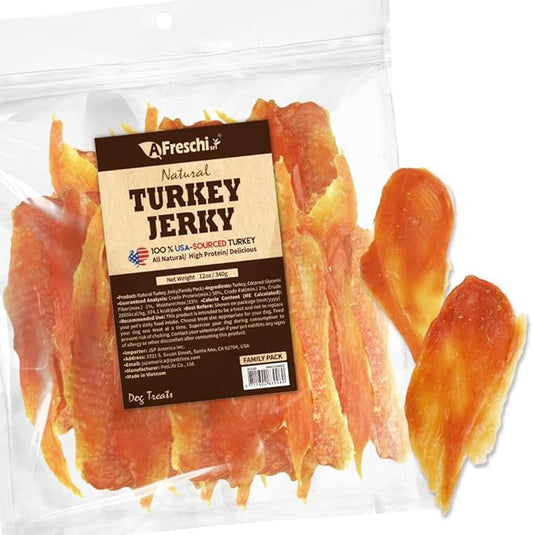AFreschi Turkey Jerky Dog Treats –12 oz, USA-Sourced Trukey, All-Natural, Hypoallergenic, High-Protein, Low-Fat, Healthy & Easily Digestible, Puppy & Training Snack