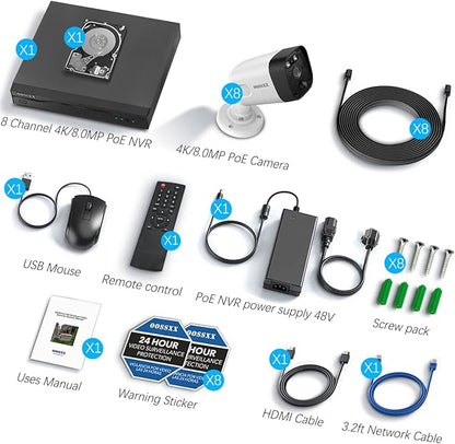 OOSSXX (4K/8.0 Megapixel & 130° Ultra Wide-Angle) 2-Way Audio PoE Outdoor Home Security Camera System Wired Outdoor Video Surveillance IP Cameras System