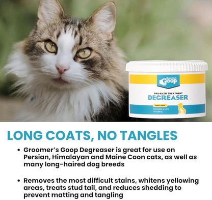 Groomer’s Goop Pre-Bath Pet Degreaser Treatment - Professional Strength Formula Removes Tough Oil & Grime from Dog & Cat Coats, Conditions Skin, Dye-Free - 14 oz Can