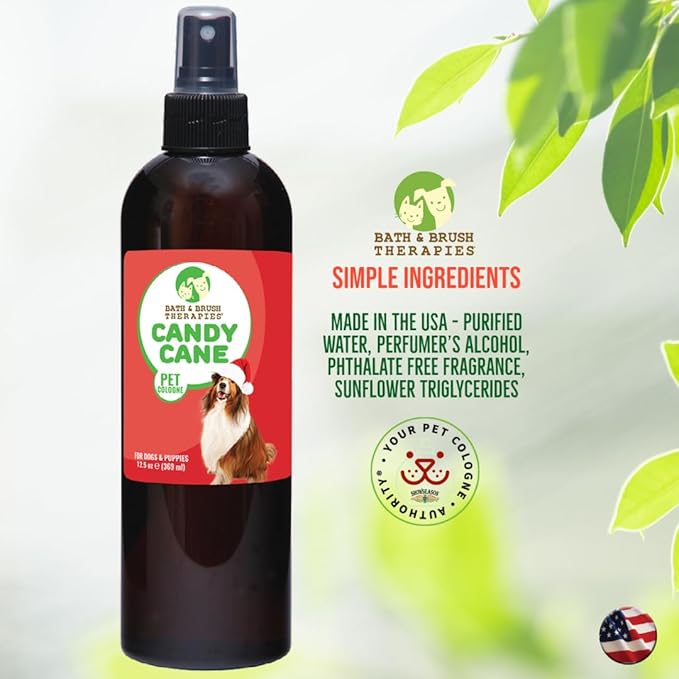 Bath & Brush Therapies® Candy Cane Pet Cologne 12.5 oz For Dogs | Long-Lasting Odor Eliminator | Paraben-Free | Biodegradable and Non-Toxic | Made in USA