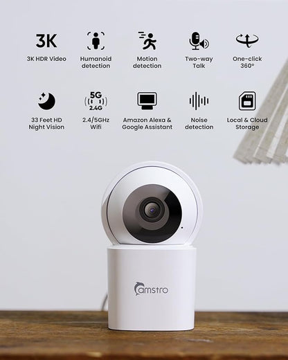 3K Indoor Security Camera 2Pack, 360° Pan/Tilt WiFi Camera for Home Security, 2.4/5GHz Pet/Dog/Baby Camera with Phone App, Night Vision, Two-Way Audio, 24/7 SD/Cloud Storage, Works with Alexa