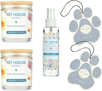 One Fur All Value Pack - Pet Friendly Candles, Room Spray and Car Air Freshener, Long Lasting Plant-Based Pet Odor Candles for Home - Sunwashed Cotton