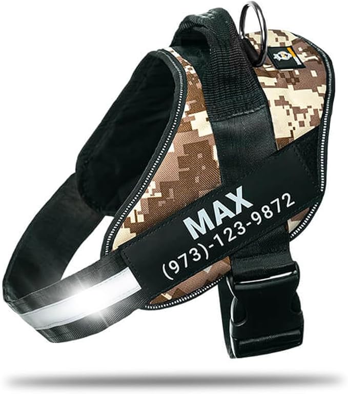 Personalized No-Pull Dog Harness with Name Patch, Adjustable, Reflective, Padded, Heavy Duty Pet Vest to Prevent Tugging, Pulling, or Choking, Training and Walking, Military Desert, XL