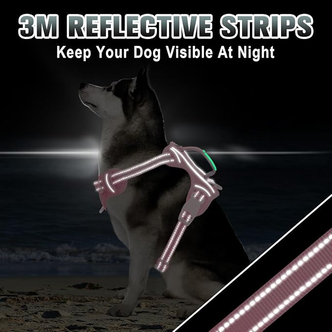 BARKBAY No Pull Dog Harness Large Reflective Dog Harness with Front Clip and Easy Control Handle for Walking Training Running with ID tag Pocket(Baby Pink,L)