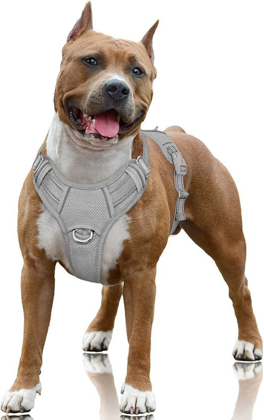 BARKBAY No Pull Dog Harness Large Reflective Dog Harness with Front Clip and Easy Control Handle for Walking Training Running with ID tag Pocket(Grey,L)