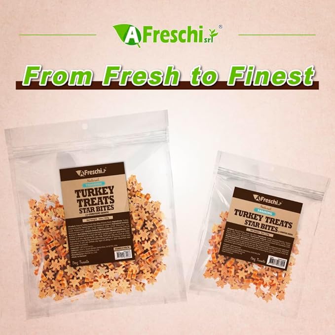 AFreschi Natural Turkey Treats Star Bites –16 oz, Hexagonal Shape, USA-Sourced Trukey, All-Natural, Hypoallergenic, Low-Fat, Healthy & Easily Digestible, Puppy & Training Snack & Small Dogs