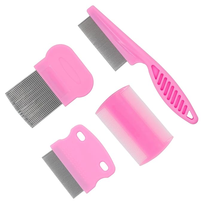 Flea Comb 4-Pieces-Pink with High Strength Teeth Pet Tear Stain Remover Combs, Dog Cat Grooming Set Effective Float Hair Remover